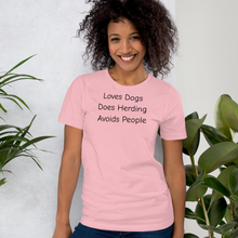 Load image into Gallery viewer, Loves Dogs, Does Herding T-Shirts - Light