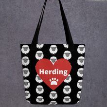 Load image into Gallery viewer, Allover Sheep w/ Herding in Heart Tote Bag - Black