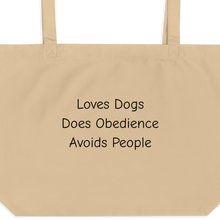 Load image into Gallery viewer, Loves Dogs, Does Obedience X-Large Tote/ Shopping Bags
