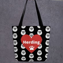 Load image into Gallery viewer, Allover Sheep w/ Herding in Heart Tote Bag - Black
