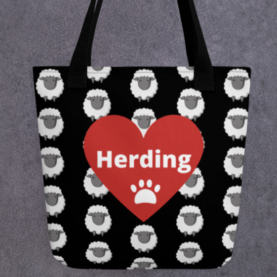 Allover Sheep w/ Herding in Heart Tote Bag - Black