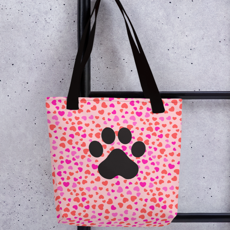 Allover Hearts & Large Paw Dog Tote Bag-Lt. Pink