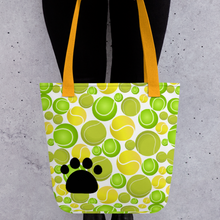 Load image into Gallery viewer, Allover Multi-Colored Tennis Balls &amp; Paw Dog Tote Bag
