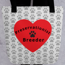 Load image into Gallery viewer, Allover Grey Paws &amp; Large Heart w/ Preservationist Breeder Conformation Tote Bag-Lt. Grey
