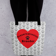 Load image into Gallery viewer, Allover Grey Paws &amp; Large Heart w/ Preservationist Breeder Conformation Tote Bag-Lt. Grey
